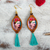 Wood dangle earrings, 'Brilliant Frida' - Handcrafted Frida Kahlo Wood Dangle Earrings Aqua Tassels (image 2b) thumbail