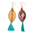 Wood dangle earrings, 'Brilliant Frida' - Handcrafted Frida Kahlo Wood Dangle Earrings Aqua Tassels (image 2c) thumbail