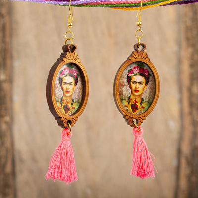 Wood dangle earrings, 'Heartfelt Frida' - Handcrafted Frida Kahlo Sacred Heart Wood Dangle Earrings