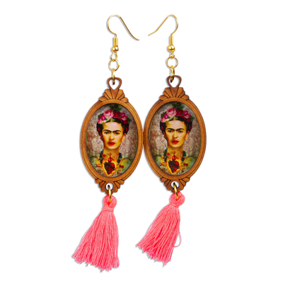 Ohrhänger aus Holz - Handgefertigte Frida-Kahlo-Heiliges-Herz-Ohrringe aus Holz