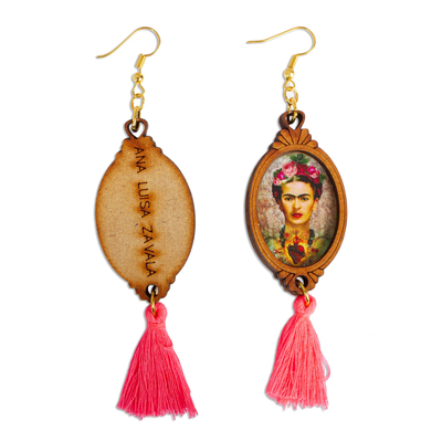 Wood dangle earrings, 'Heartfelt Frida' - Handcrafted Frida Kahlo Sacred Heart Wood Dangle Earrings