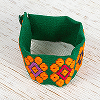 Cotton wristband bracelet, 'Tangerine Petals' - Tangerine and Viridian Cotton Wristband Bracelet from Mexico