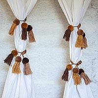Cotton curtain tiebacks, 'Autumn Meditation' (set of 4) - Cotton Curtain Tiebacks in Brown from Mexico (Set of 4)