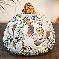 Ceramic lantern, 'Floral Pumpkin' - Talavera-Style Ceramic Pumpkin Lantern from Mexico