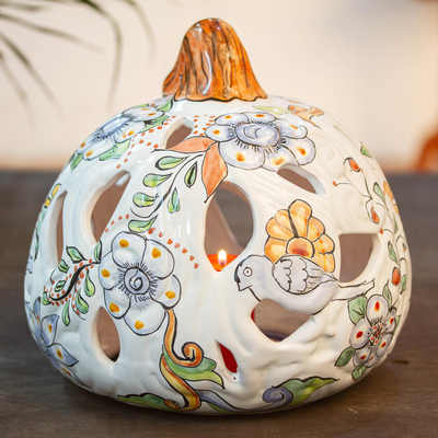 Ceramic lantern, 'Floral Pumpkin' - Talavera-Style Ceramic Pumpkin Lantern from Mexico