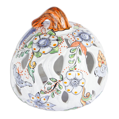 Ceramic lantern, 'Floral Pumpkin' - Talavera-Style Ceramic Pumpkin Lantern from Mexico