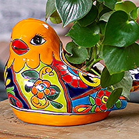 Macetero de cerámica, 'Paloma colorida' - Macetero de cerámica estilo talavera de México