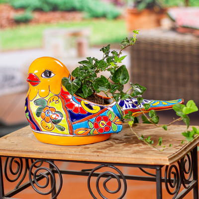 Keramischer Übertopf, „Bunte Taube“. - Keramischer Taubenblumentopf im Talavera-Stil aus Mexiko