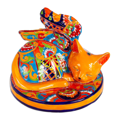 Orange Talavera-Style Ceramic Winged Cat Sculpture