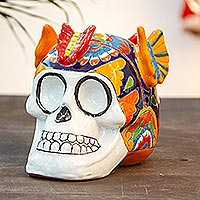 Ceramic sculpture, 'Butterfly Friend' - Talavera-Style Ceramic Skull Sculpture from Mexico