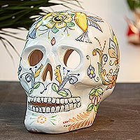 Ceramic tealight holder, 'Skull of Life' - Talavera-Style Ceramic Skull Tealight Holder from Mexico