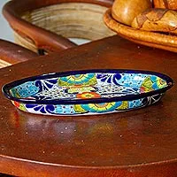 Ceramic oval platter, 'Raining Flowers' - Talavera-Style Oval Ceramic Serving Platter from Mexico