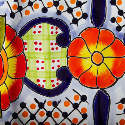 Ceramic oval platter, 'Raining Flowers' - Talavera-Style Oval Ceramic Serving Platter from Mexico