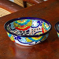 Ceramic snack bowls, 'Raining Flowers' (pair) - Mexican Talavera Style Ceramic Snack or Serving Bowls (Pair)