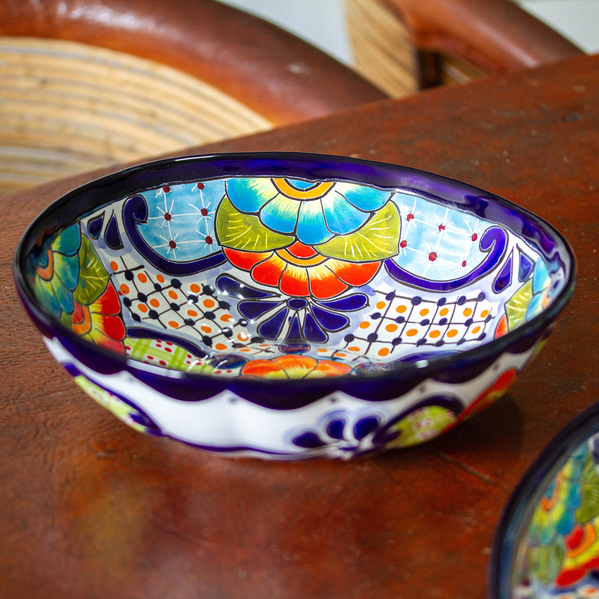 Mexican Talavera Style Ceramic Serving Bowl - Raining Flowers