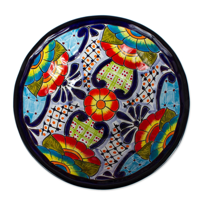 Tazón de cerámica para servir, 'Raining Flowers' - Tazón de cerámica estilo Talavera mexicana