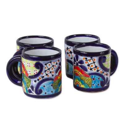 Tazas de cerámica, (juego de 4) - Cuatro tazas de cerámica floral estilo talavera mexicana
