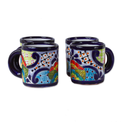 Ceramic mugs, 'Raining Flowers' (set of 4) - Four Mexican Talavera Style Floral Ceramic Mugs