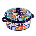 Ceramic tortilla container and lid, 'Raining Flowers' - Mexican Talavera Style Ceramic Tortilla Container and Lid