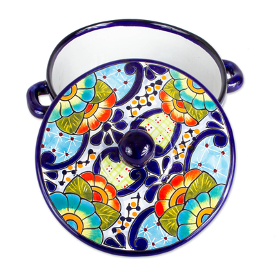 Ceramic tortilla container and lid, 'Raining Flowers' - Mexican Talavera Style Ceramic Tortilla Container and Lid