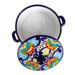 Ceramic tortilla container and lid, 'Raining Flowers' - Mexican Talavera Style Ceramic Tortilla Container and Lid