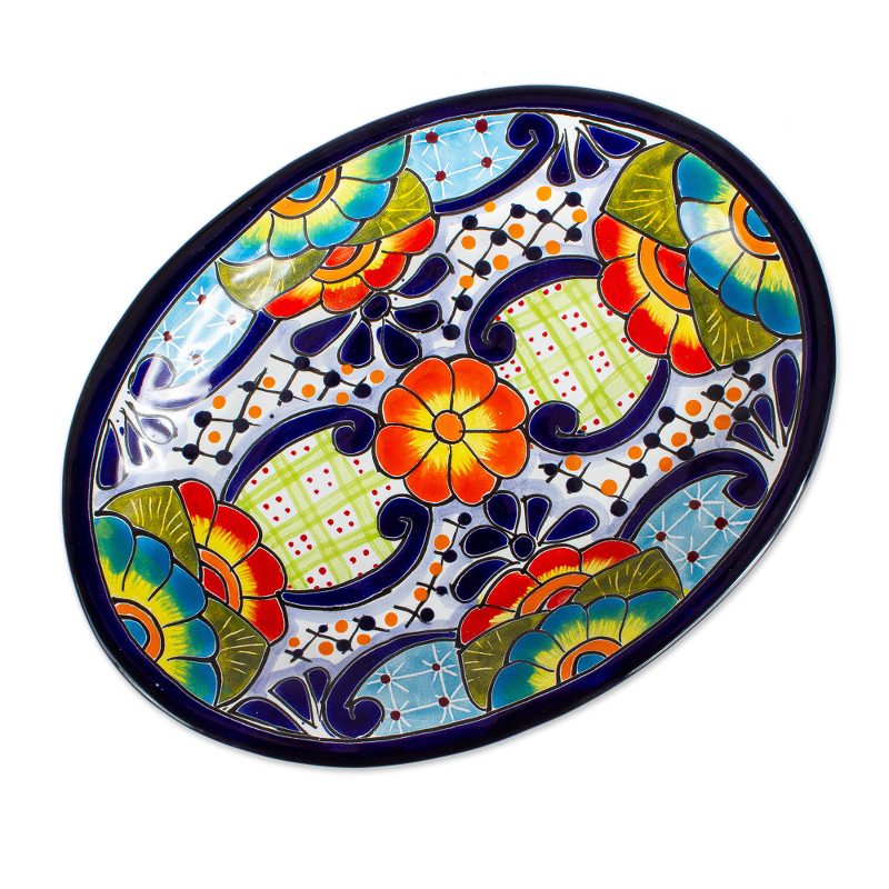 Mexican Talavera Ceramic Oval Serving Plate - Raining Flowers | NOVICA