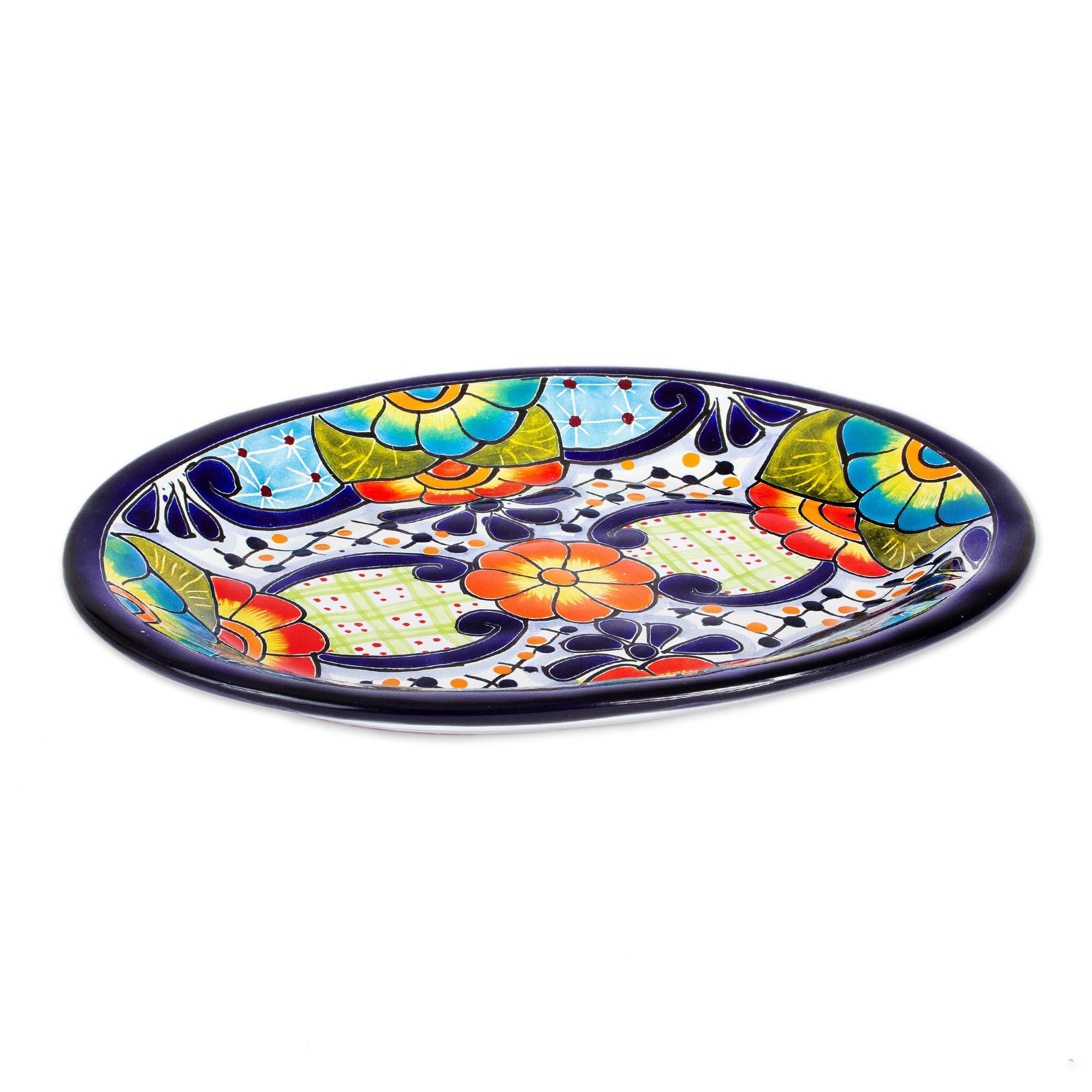 Mexican Talavera Ceramic Oval Serving Plate Raining Flowers NOVICA