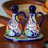 Ceramic cruet set, 'Raining Flowers' (3 pieces) - Talavera Style Ceramic Oil and Vinegar Bottles (3 Piece Set)