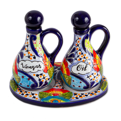 Ceramic cruet set, 'Raining Flowers' (3 pieces) - Talavera Style Ceramic Oil and Vinegar Bottles (3 Piece Set)