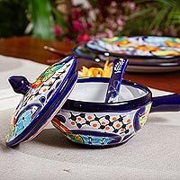 Ceramic salsa dish, 'Raining Flowers' (3 pieces) - Mexican Talavera Style Covered Salsa Dish with Spoon