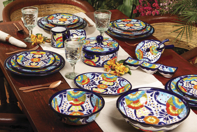 Ceramic salsa dish, 'Raining Flowers' (3 pieces) - Mexican Talavera Style Covered Salsa Dish with Spoon