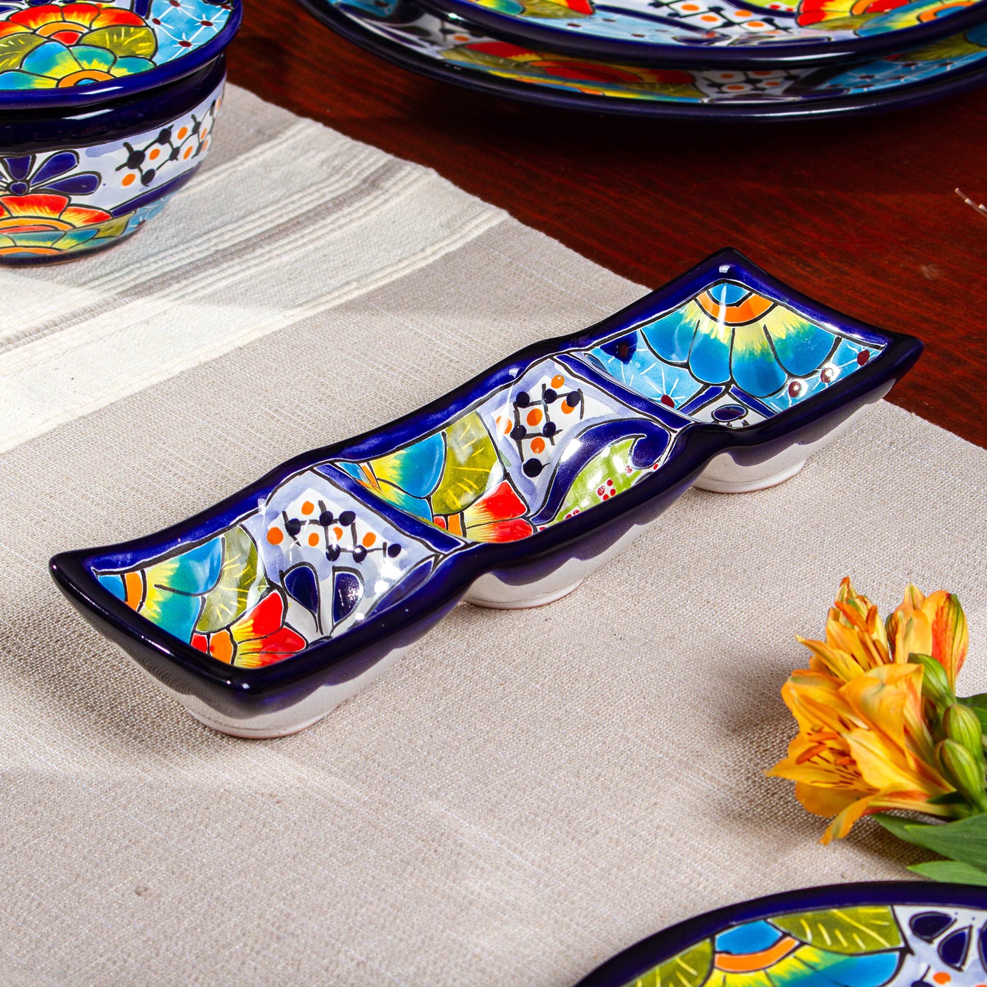 Mexican Talavera Style Ceramic Triple Condiment Dish - Raining Flowers ...