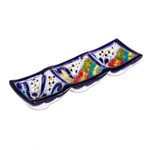 Ceramic triple condiment dish, 'Raining Flowers' - Mexican Talavera Style Ceramic Triple Condiment Dish