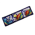 Ceramic triple condiment dish, 'Raining Flowers' - Mexican Talavera Style Ceramic Triple Condiment Dish