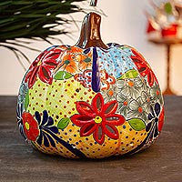 Ceramic lantern, 'Colorful Pumpkin' - Talavera-Style Ceramic Pumpkin Lantern from Mexico