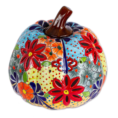 Ceramic lantern, 'Colorful Pumpkin' - Talavera-Style Ceramic Pumpkin Lantern from Mexico