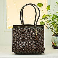 Handwoven tote, 'Geometric Subtlety' - Black and Espresso Brown  Handwoven Tote from Mexico
