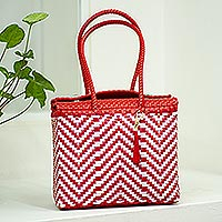Handwoven tote, 'Vibrant Zigzags' - Chili Red and White Zigzag Pattern Handwoven Tote Mexico