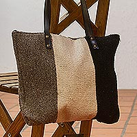 Leather accented wool shoulder bag, 'Layers of Earth' - Tri-Tone Leather Accented Wool Shoulder Bag from Mexico