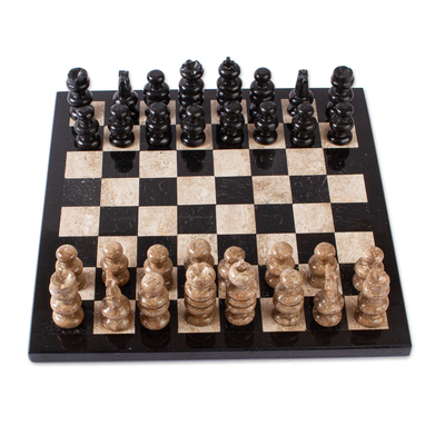 Marble chess set, 'Cafe Battle' - Brown and Black Marble Chess Set from Mexico
