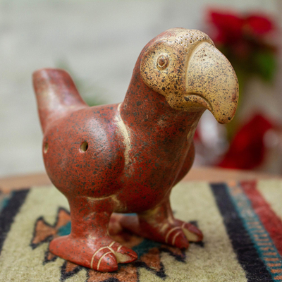 Keramikflöte - Dekorative Keramikflöte in Rotbraun und Beige mit Vögeln aus Mexiko