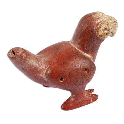 Keramikflöte - Dekorative Keramikflöte in Rotbraun und Beige mit Vögeln aus Mexiko