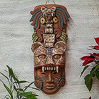 Ceramic mask, 'Noble Jaguar' - Handcrafted Ceramic Jaguar Warrior Mask Wall Art from Mexico