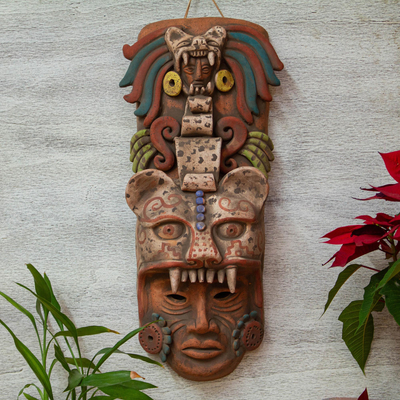 Máscara de cerámica, 'Noble Jaguar' - Arte de pared de máscara de guerrero jaguar de cerámica hecho a mano de México