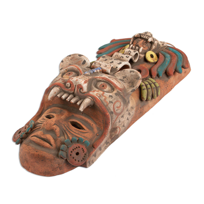 Máscara de cerámica, 'Noble Jaguar' - Arte de pared de máscara de guerrero jaguar de cerámica hecho a mano de México