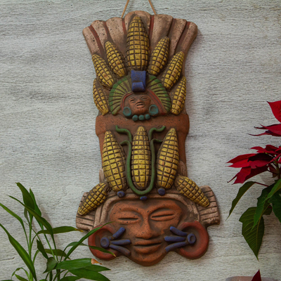 Máscara de cerámica - Arte de pared de máscara de guardián de maíz de cerámica hecho a mano de México