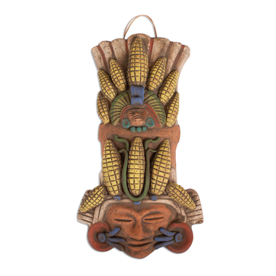 Ceramic mask, 'Maize Majesties' - Handcrafted Ceramic Corn Guardian Mask Wall Art from Mexico