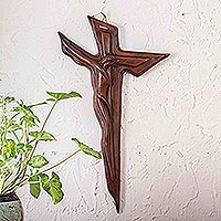 Ceramic cross wall art, 'Grace Given' - Handcrafted Brown Ceramic Cross Wall Art from Mexico