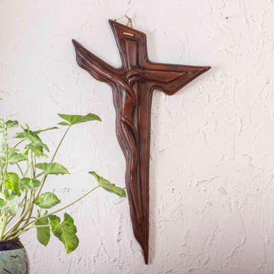 Ceramic cross wall art, 'Grace Given' - Handcrafted Brown Ceramic Cross Wall Art from Mexico