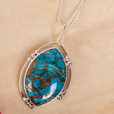 Sterling silver pendant necklace, 'Taxco Legend' - Composite Turquoise and Taxco Silver Pendant Necklace